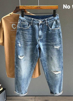 Men’s Ripped Baggy Jeans – Vintage Blue Streetwear Denim with Frayed Holes – Casual Tapered Fit Pants