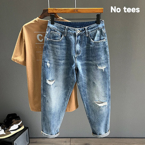 Men’s Ripped Baggy Jeans – Vintage Blue Streetwear Denim with Frayed Holes – Casual Tapered Fit Pants