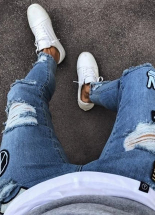 Men’s White Embroidered Skinny Jeans – Stretch Cotton Slim Fit with Ripped Details – Hip-Hop Style Casual Denim Pants