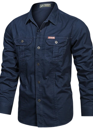 2023 Men’s Spring Cotton Shirt – Long Sleeve Casual Overshirt with Military-Inspired Design – High-Quality Brand Style (Black, Up to 5XL)
