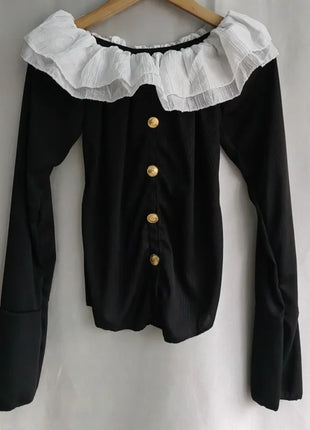 2025 Off-Shoulder Crop Top for Women – Long Sleeve Ruffle Design with Single-Breasted Front & Side Slit – Y2K Style T-Shirt