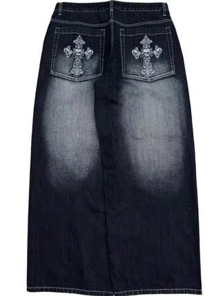 Men’s Vintage Wash Y2K Jeans – Wide-Leg Streetwear Pants with Pocket Cross Embroidery – European & American Punk Style