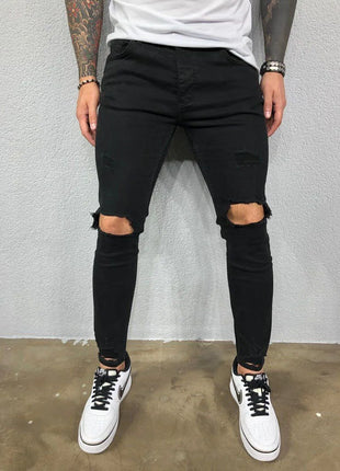 Men’s Ripped Skinny Streetwear Jeans – Hip-Hop Style Stretch Denim – Solid Color Casual Pants with Distressed Details