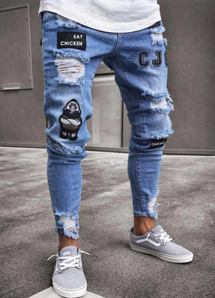 Men’s White Embroidered Skinny Jeans – Stretch Cotton Slim Fit with Ripped Details – Hip-Hop Style Casual Denim Pants