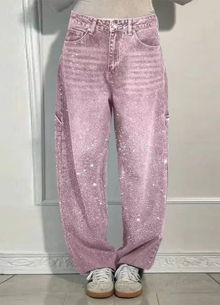 Women’s High Waist Rhinestone Denim Jeans – Luxury Straight Leg Pants with All-Over Sparkle – Trendy Streetwear Trousers