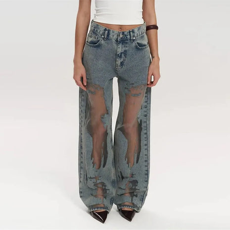 Women’s High-Waist Distressed Denim Jeans – Straight-Leg, Dark Wash Grunge Style – Baggy Gothic Streetwear Pants