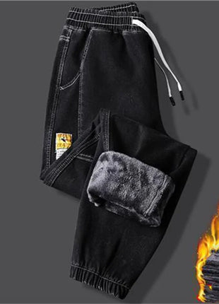 Men’s Winter Fleece-Lined Jeans – Thick Warm Denim Joggers with Cargo Pockets – Streetwear Harem Pants in Black