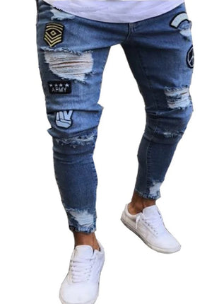 Men’s White Embroidered Skinny Jeans – Stretch Cotton Slim Fit with Ripped Details – Hip-Hop Style Casual Denim Pants