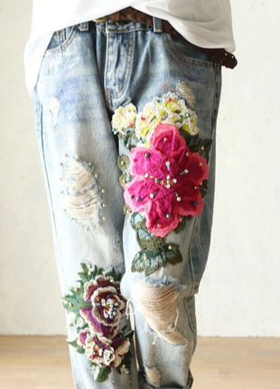 2025 Women’s Floral Embroidered Denim Jeans – Summer Casual Loose Harem Trousers – Elegant & Comfortable Fit