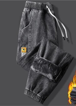 Men’s Winter Fleece-Lined Jeans – Thick Warm Denim Joggers with Cargo Pockets – Streetwear Harem Pants in Black