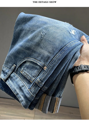 Men’s Ripped Baggy Jeans – Vintage Blue Streetwear Denim with Frayed Holes – Casual Tapered Fit Pants