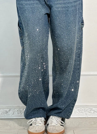 Women’s High Waist Rhinestone Denim Jeans – Luxury Straight Leg Pants with All-Over Sparkle – Trendy Streetwear Trousers