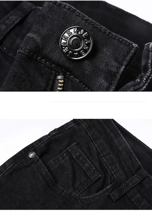 2025 Spring Men’s Straight-Leg Jeans – Elastic Mid-Waist Fit in Smoke Gray & Black – Classic Casual Denim Trousers