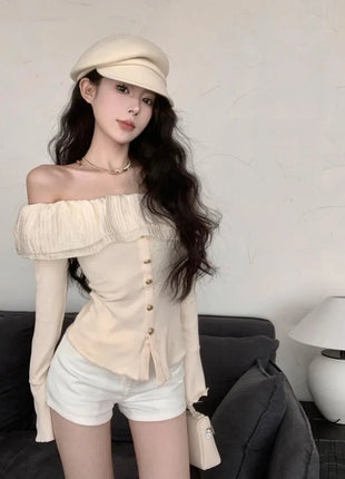 2025 Off-Shoulder Crop Top for Women – Long Sleeve Ruffle Design with Single-Breasted Front & Side Slit – Y2K Style T-Shirt