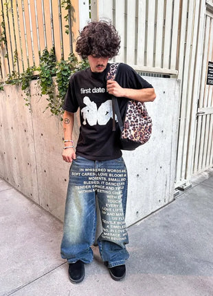 Y2K Vintage American-Style Letter Print Jeans – Unisex Wide-Leg Streetwear Denim – Gothic, Harajuku, and Hip-Hop Inspired