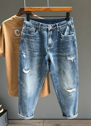 Men’s Ripped Baggy Jeans – Vintage Blue Streetwear Denim with Frayed Holes – Casual Tapered Fit Pants
