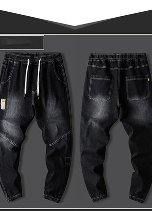 Men’s Winter Fleece-Lined Jeans – Thick Warm Denim Joggers with Cargo Pockets – Streetwear Harem Pants in Black