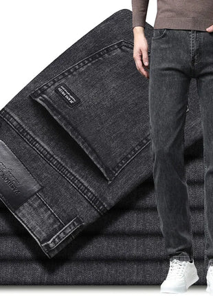 2025 Spring Men’s Straight-Leg Jeans – Elastic Mid-Waist Fit in Smoke Gray & Black – Classic Casual Denim Trousers