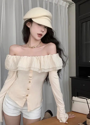 2025 Off-Shoulder Crop Top for Women – Long Sleeve Ruffle Design with Single-Breasted Front & Side Slit – Y2K Style T-Shirt