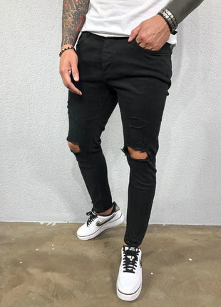 Men’s Ripped Skinny Streetwear Jeans – Hip-Hop Style Stretch Denim – Solid Color Casual Pants with Distressed Details