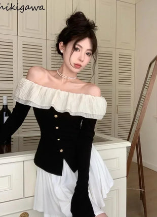 2025 Off-Shoulder Crop Top for Women – Long Sleeve Ruffle Design with Single-Breasted Front & Side Slit – Y2K Style T-Shirt