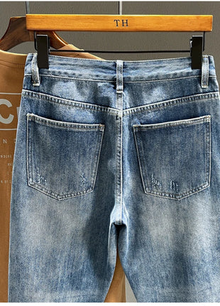 Men’s Ripped Baggy Jeans – Vintage Blue Streetwear Denim with Frayed Holes – Casual Tapered Fit Pants