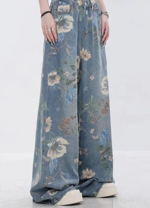 Women’s Vintage Floral Print Jeans – Loose Wide-Leg Y2K Denim Trousers – Korean Hip-Hop High Street Style for Autumn