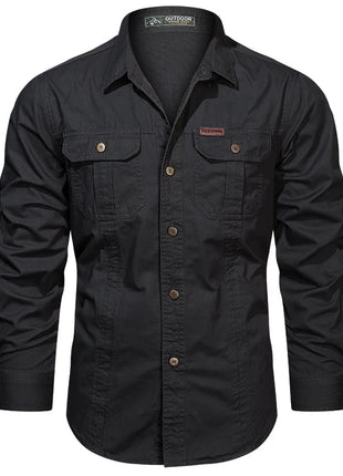 2023 Men’s Spring Cotton Shirt – Long Sleeve Casual Overshirt with Military-Inspired Design – High-Quality Brand Style (Black, Up to 5XL)