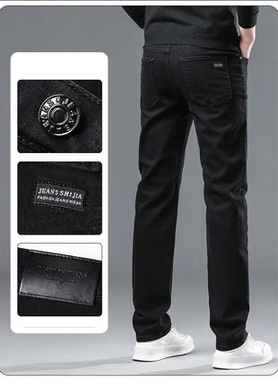 2025 Spring Men’s Straight-Leg Jeans – Elastic Mid-Waist Fit in Smoke Gray & Black – Classic Casual Denim Trousers