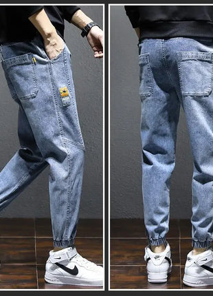 Men’s Winter Fleece-Lined Jeans – Thick Warm Denim Joggers with Cargo Pockets – Streetwear Harem Pants in Black