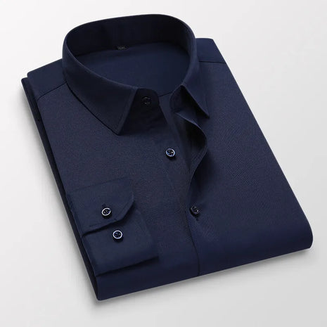 Men’s Long-Sleeved Business Casual Shirt – Lapel Collar with Button Closure – Formal Spring/Autumn Wear in Black, White, Blue, and Pink