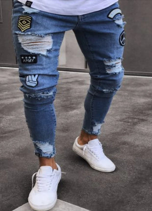 Men’s White Embroidered Skinny Jeans – Stretch Cotton Slim Fit with Ripped Details – Hip-Hop Style Casual Denim Pants