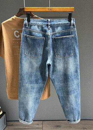 Men’s Ripped Baggy Jeans – Vintage Blue Streetwear Denim with Frayed Holes – Casual Tapered Fit Pants