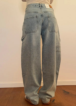 Women’s High Waist Rhinestone Denim Jeans – Luxury Straight Leg Pants with All-Over Sparkle – Trendy Streetwear Trousers