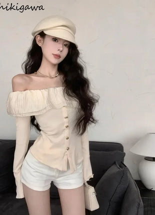2025 Off-Shoulder Crop Top for Women – Long Sleeve Ruffle Design with Single-Breasted Front & Side Slit – Y2K Style T-Shirt
