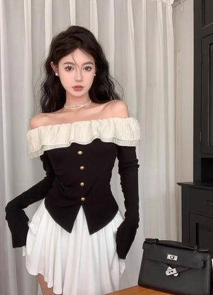 2025 Off-Shoulder Crop Top for Women – Long Sleeve Ruffle Design with Single-Breasted Front & Side Slit – Y2K Style T-Shirt