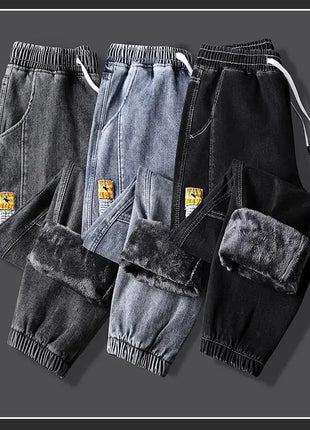 Men’s Winter Fleece-Lined Jeans – Thick Warm Denim Joggers with Cargo Pockets – Streetwear Harem Pants in Black