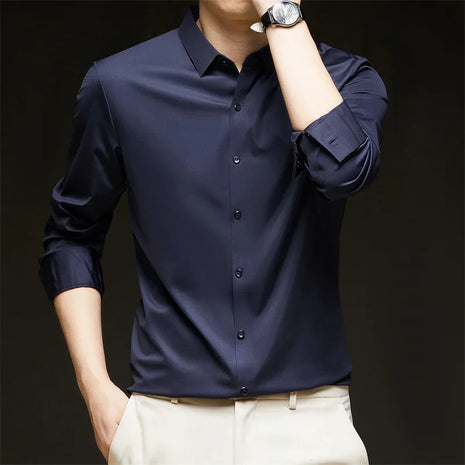 Men’s Solid Color Long-Sleeve Shirt – Wrinkle-Resistant Business Casual Top – Comfortable & Versatile for All Seasons
