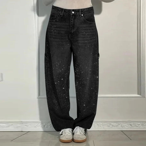 Women’s High Waist Rhinestone Denim Jeans – Luxury Straight Leg Pants with All-Over Sparkle – Trendy Streetwear Trousers