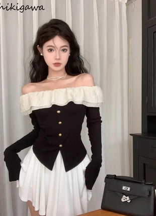 2025 Off-Shoulder Crop Top for Women – Long Sleeve Ruffle Design with Single-Breasted Front & Side Slit – Y2K Style T-Shirt