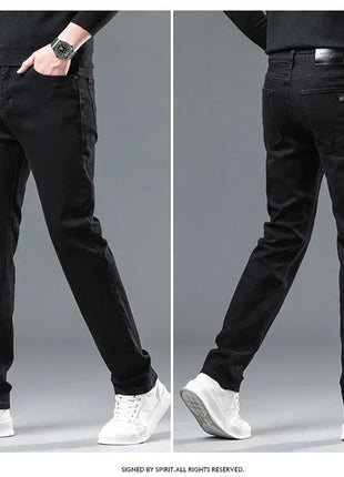 2025 Spring Men’s Straight-Leg Jeans – Elastic Mid-Waist Fit in Smoke Gray & Black – Classic Casual Denim Trousers