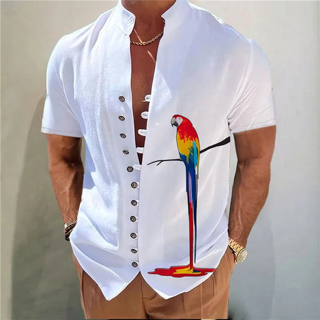 Men’s Printed Button-Up Shirt – Fashionable Stand Collar Design with Loose Fit – Comfortable Casual Streetwear