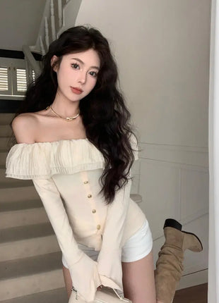 2025 Off-Shoulder Crop Top for Women – Long Sleeve Ruffle Design with Single-Breasted Front & Side Slit – Y2K Style T-Shirt