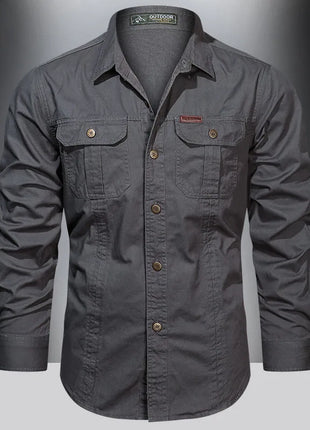 2023 Men’s Spring Cotton Shirt – Long Sleeve Casual Overshirt with Military-Inspired Design – High-Quality Brand Style (Black, Up to 5XL)