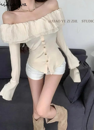 2025 Off-Shoulder Crop Top for Women – Long Sleeve Ruffle Design with Single-Breasted Front & Side Slit – Y2K Style T-Shirt