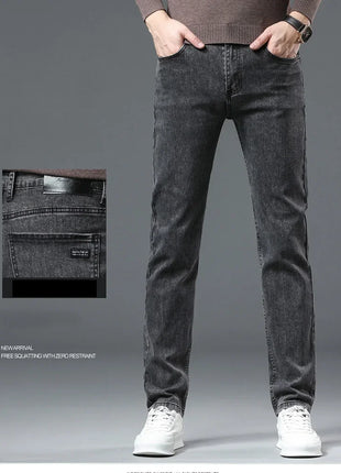 2025 Spring Men’s Straight-Leg Jeans – Elastic Mid-Waist Fit in Smoke Gray & Black – Classic Casual Denim Trousers