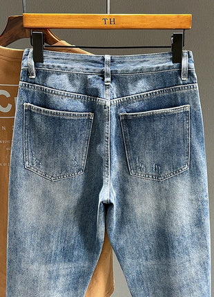 Men’s Ripped Baggy Jeans – Vintage Blue Streetwear Denim with Frayed Holes – Casual Tapered Fit Pants