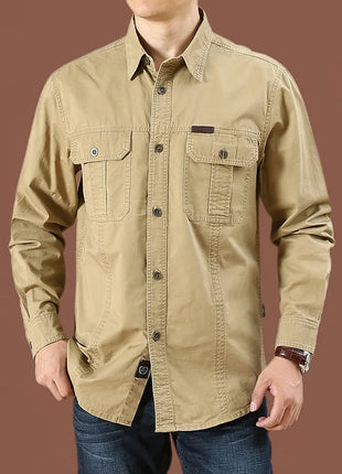 2023 Men’s Spring Cotton Shirt – Long Sleeve Casual Overshirt with Military-Inspired Design – High-Quality Brand Style (Black, Up to 5XL)