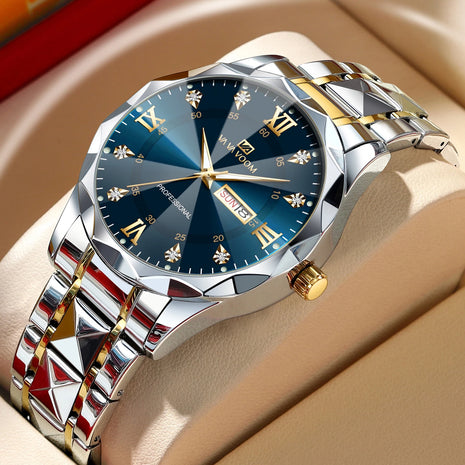 Men’s Luxury Quartz Watch – 41mm Blue-Gold Stainless Steel with Water Diamond Accents, Night Glow & Double Calendar Display