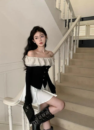 2025 Off-Shoulder Crop Top for Women – Long Sleeve Ruffle Design with Single-Breasted Front & Side Slit – Y2K Style T-Shirt